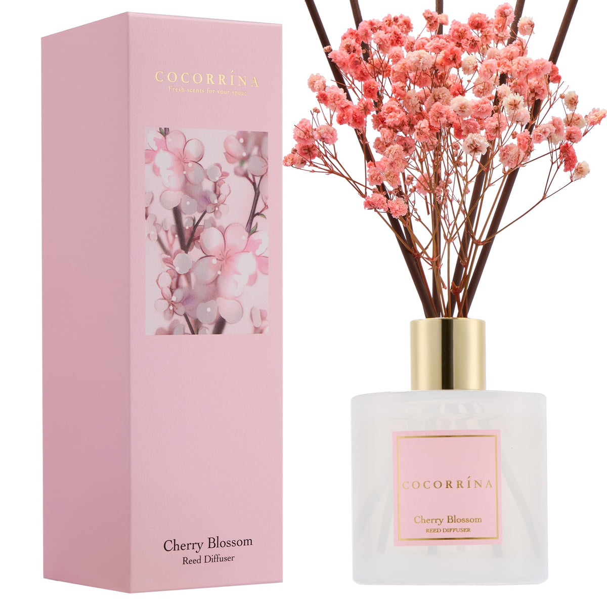 COCORRÍNA botella frontal con flor de cerezo y diseño elegante