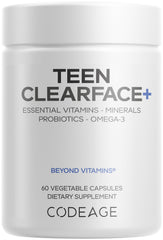 Codeage botella frontal mostrando diseño y ventaja apoyo para piel adolescente