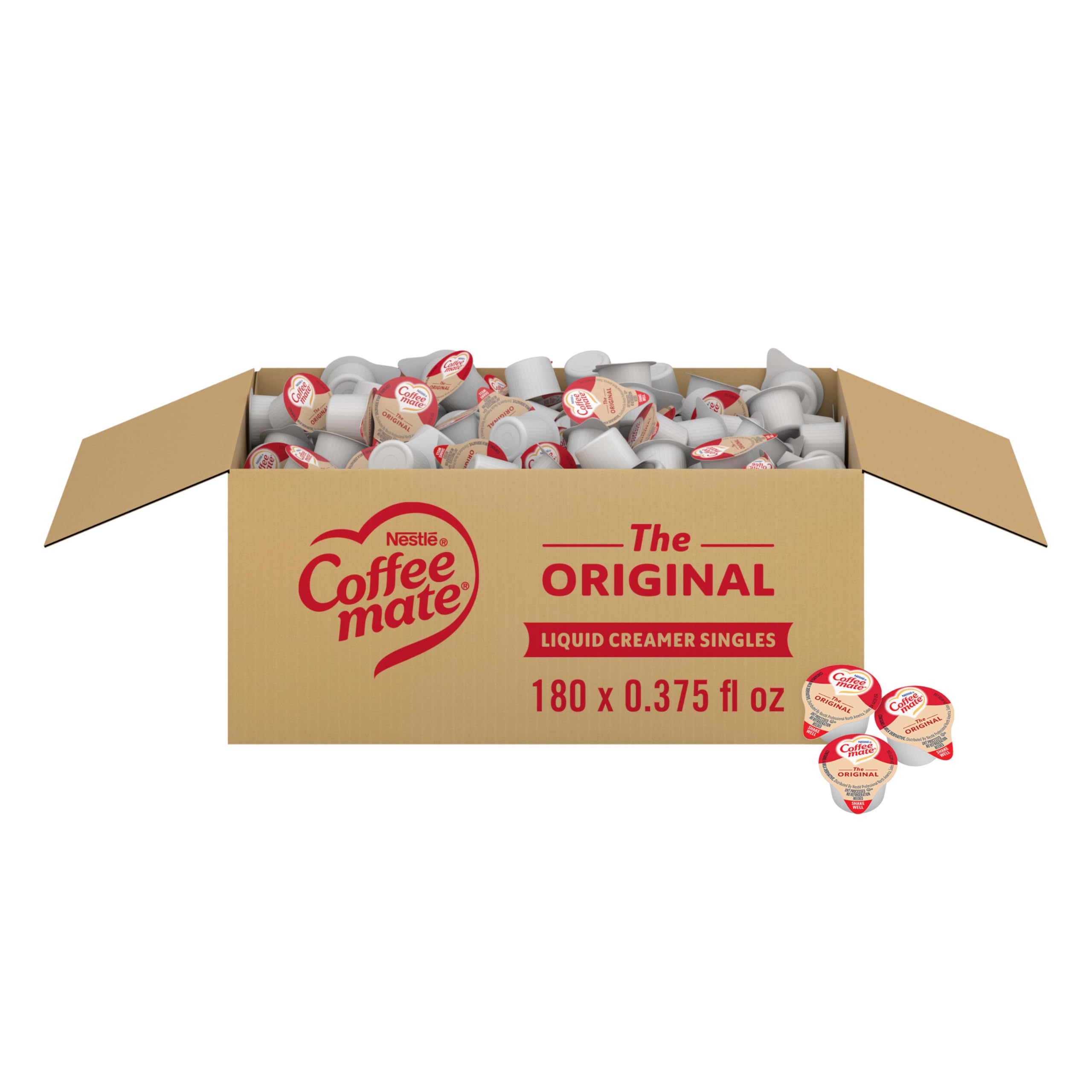 Coffee Mate caja frontal mostrando 180 porciones y conveniencia