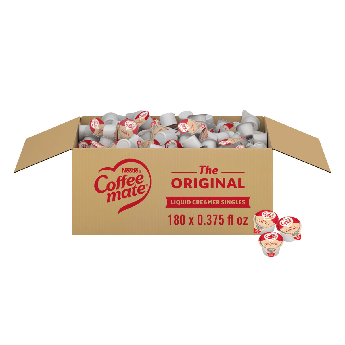 Coffee Mate caja frontal mostrando 180 porciones y conveniencia