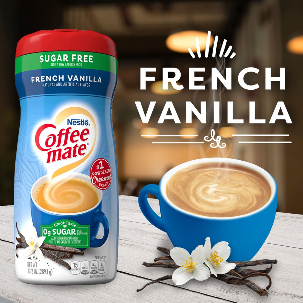 Coffee-mate flip-top lid detail on French Vanilla bottle for controlled dispensing benefit