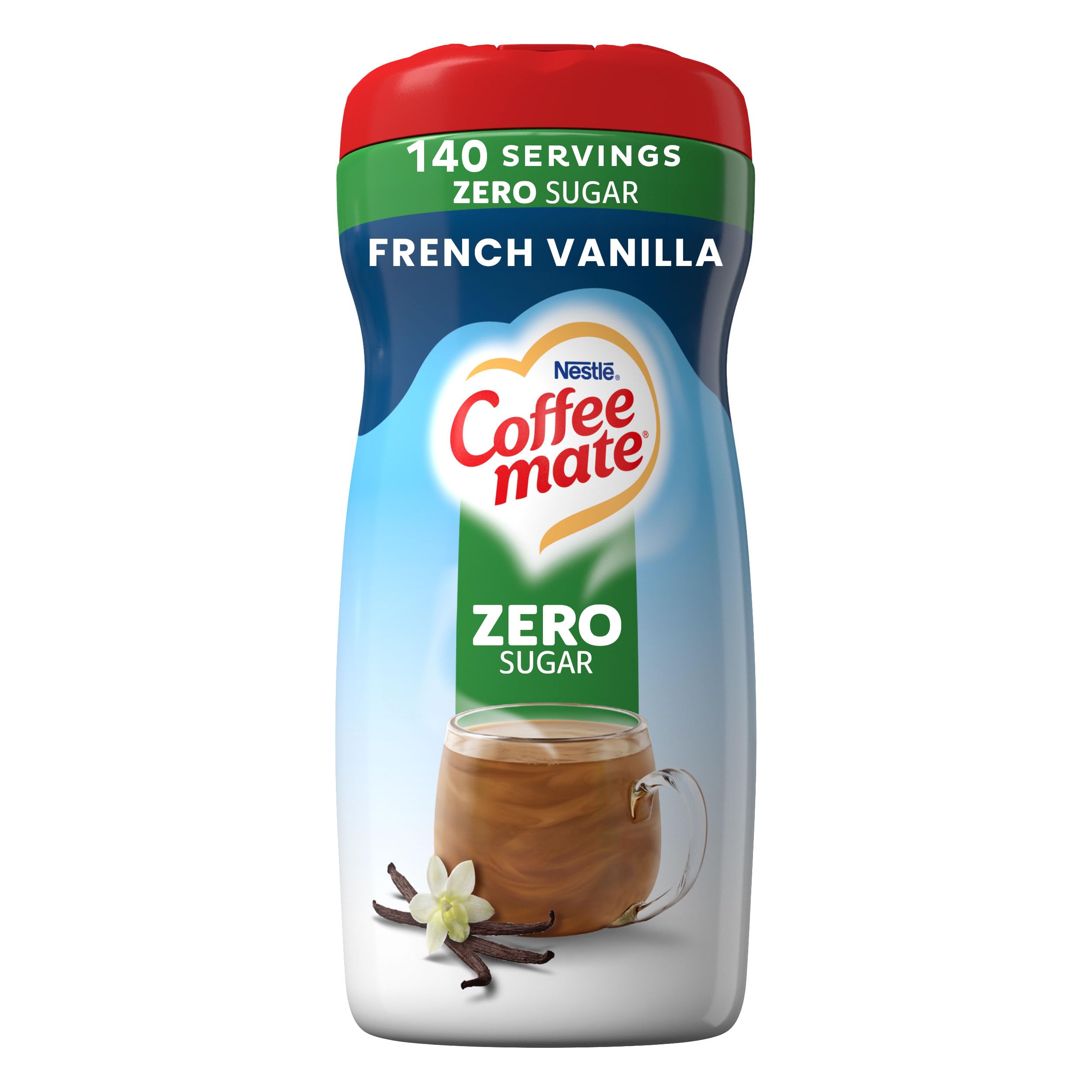 Coffee-mate bottle front packaging showing French Vanilla flavor and benefit of easy pouring
