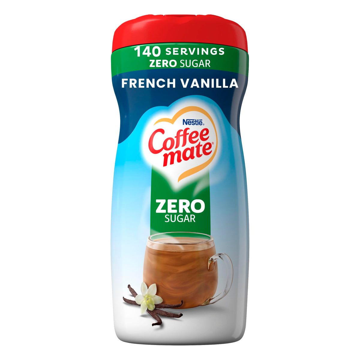 Coffee-mate bottle front packaging showing French Vanilla flavor and benefit of easy pouring