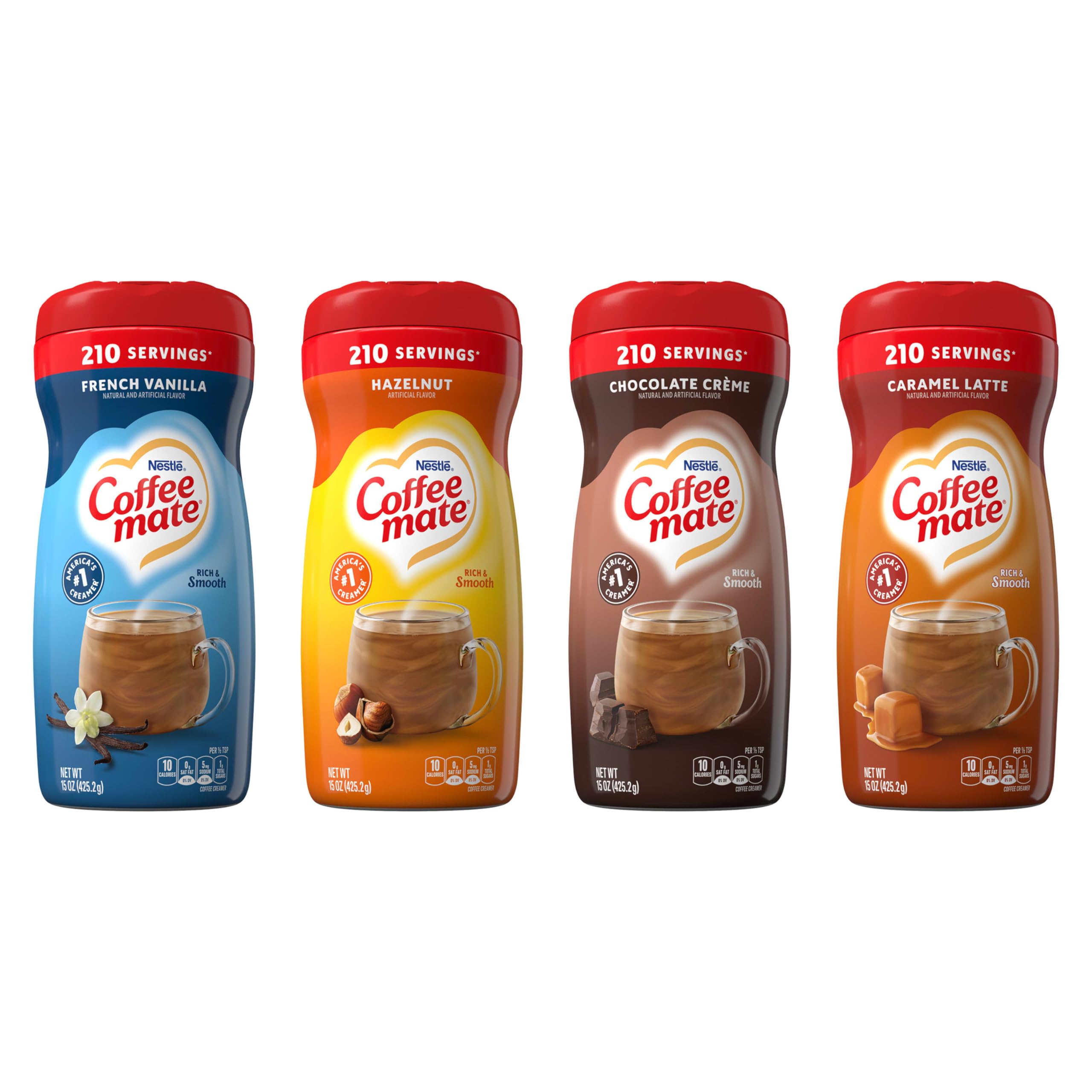 Coffee Mate frente del empaque mostrando sabores y beneficio de variedad