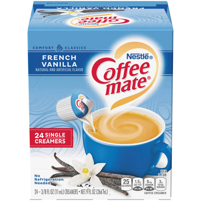 Coffee-mate empaque frontal mostrando 24 unidades y diseño claro