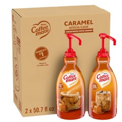 Nestle Coffee mate front packaging showing caramel creamer and pump for easy serving