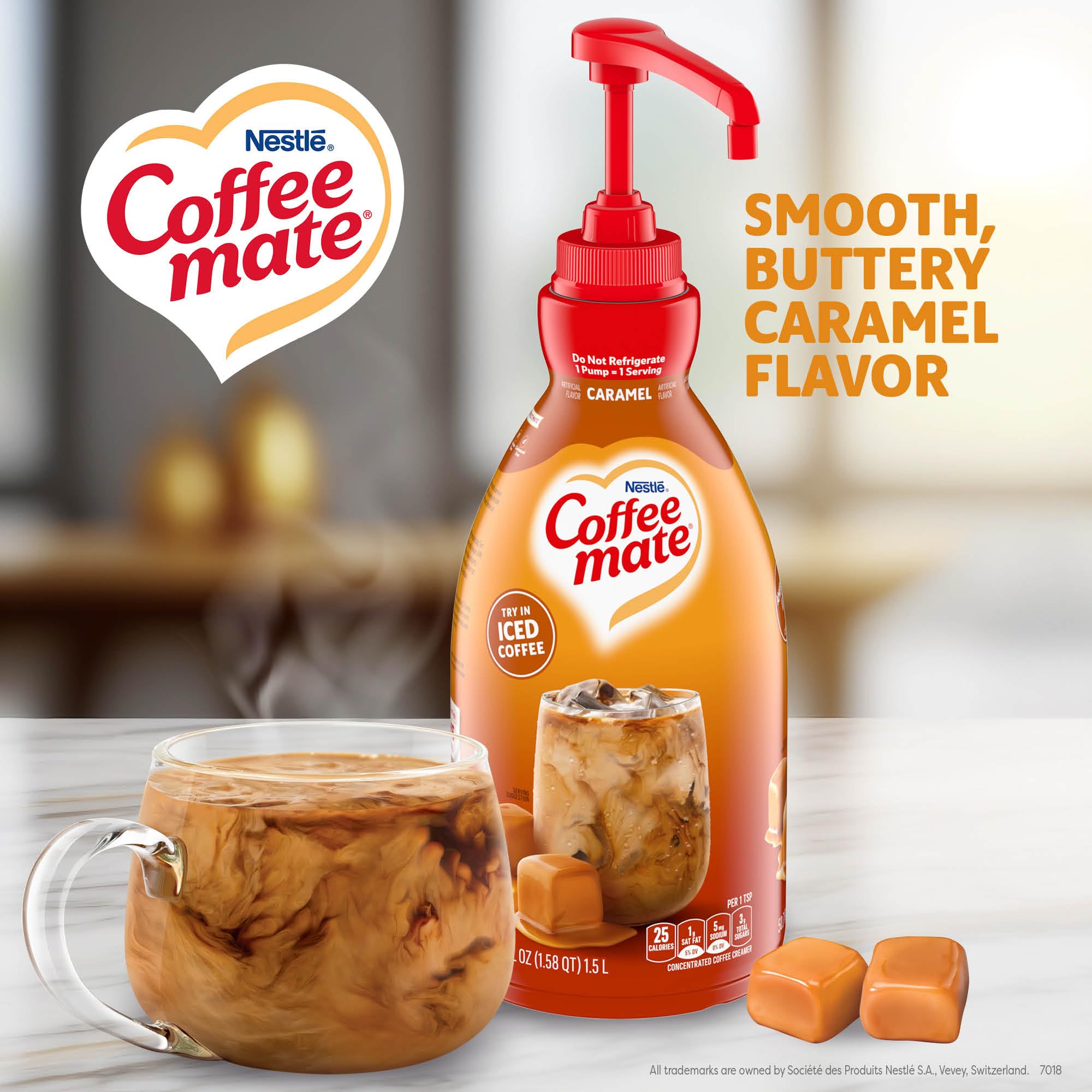 Nestle Coffee mate pump close-up highlighting thick concentrate and spill reduction