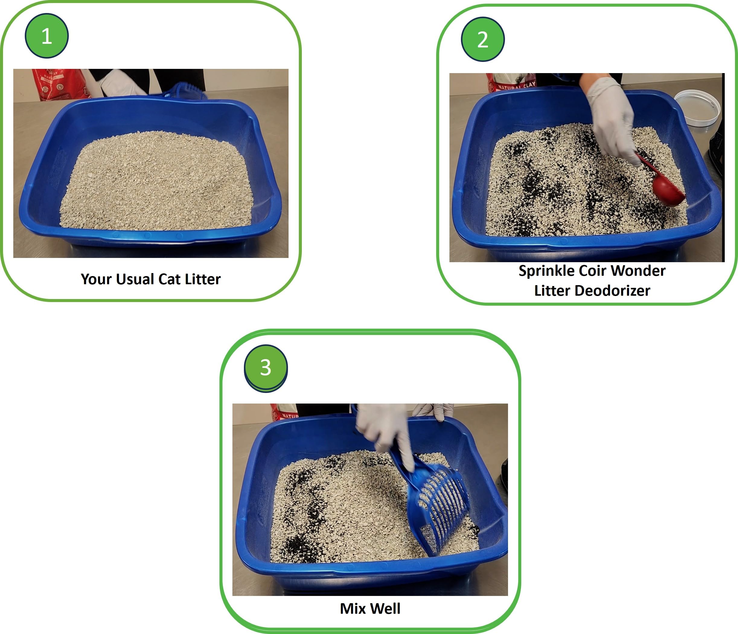 Aplicación de Coir Wonder en caja de arena de gato, mantiene la caja fresca más tiempo