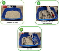 Aplicación de Coir Wonder en caja de arena de gato, mantiene la caja fresca más tiempo