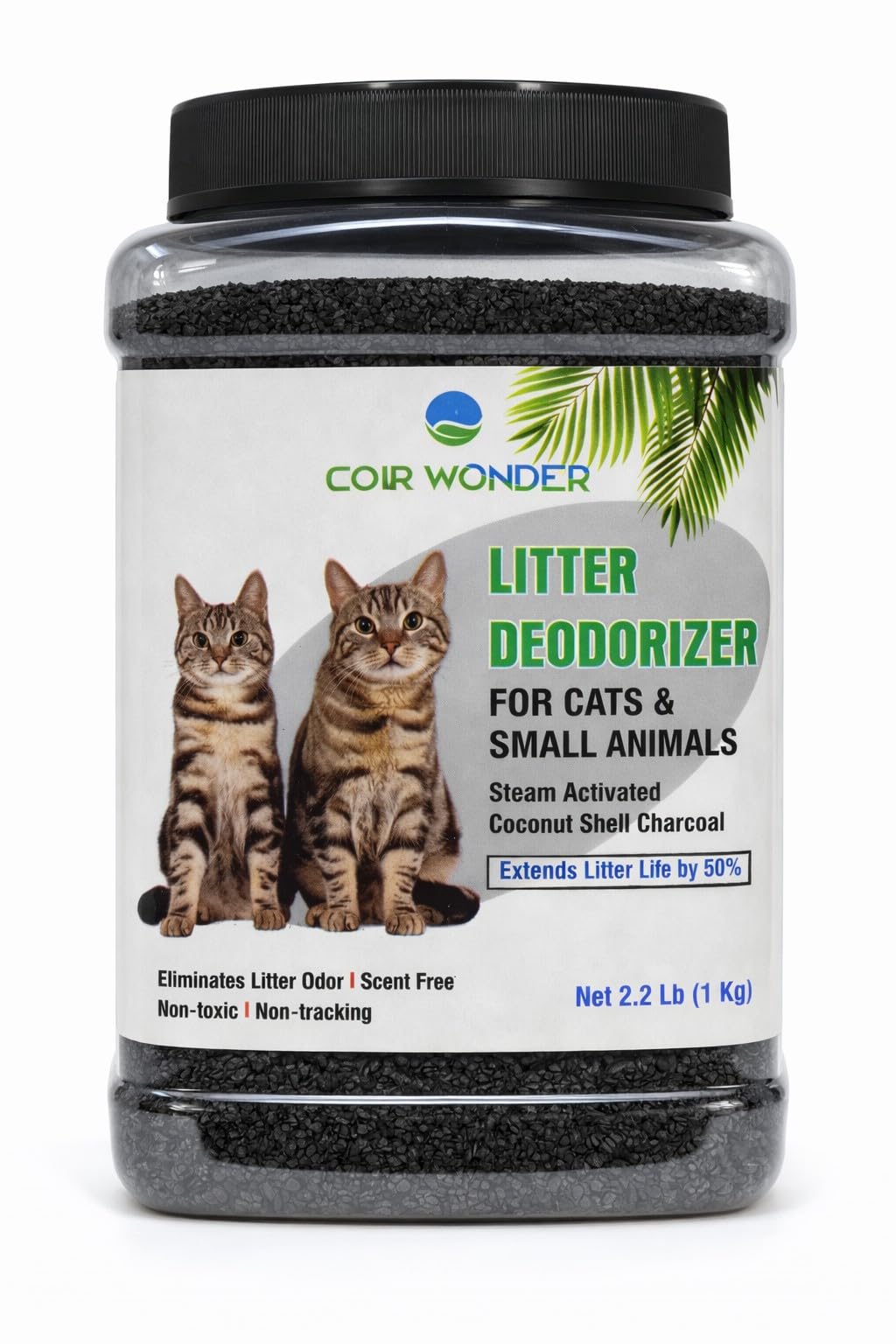 Coir Wonder envase frontal mostrando 2.2 lb y diseño ecológico, controla olores eficazmente