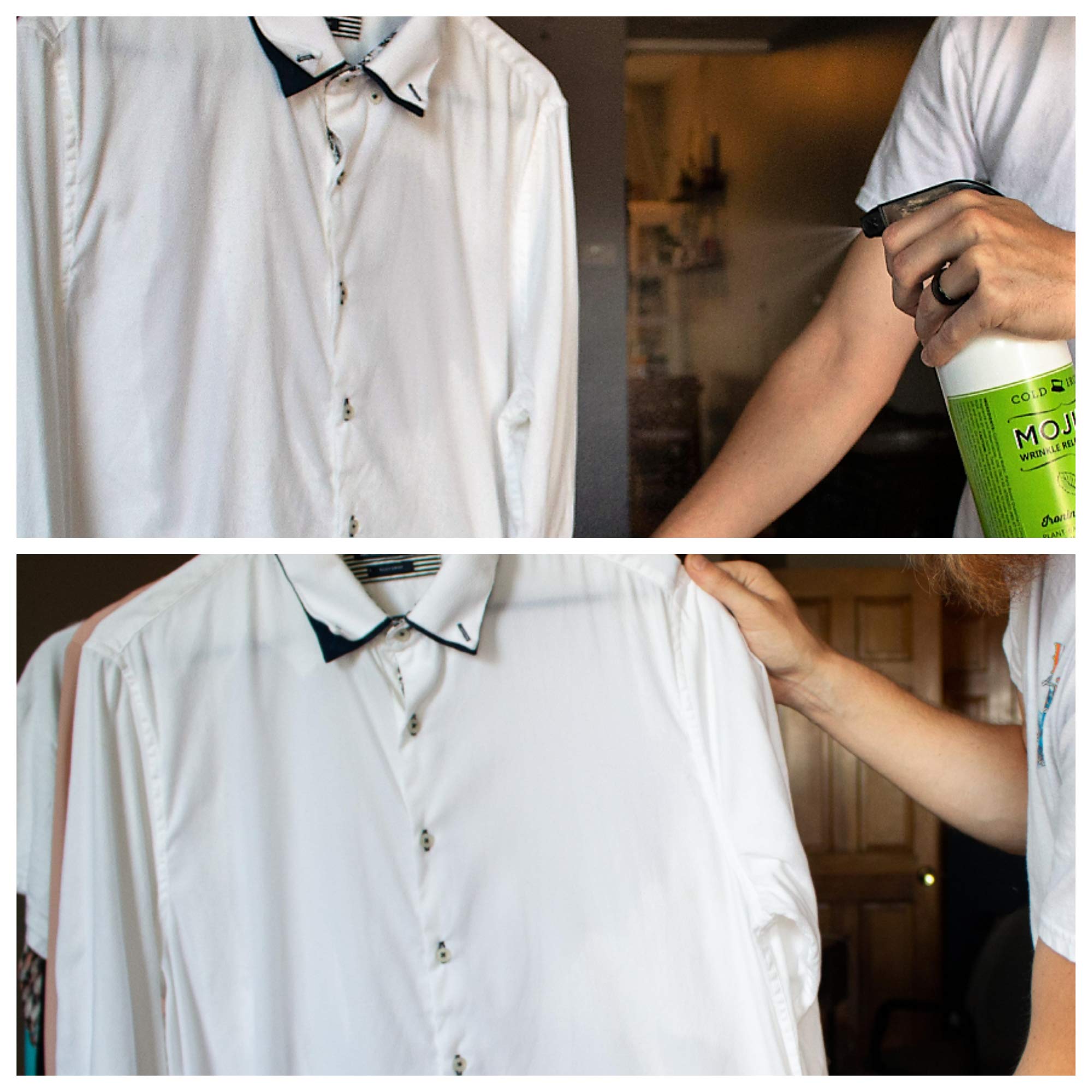 Cold Iron applied to curtains showing wrinkle reduction benefit for home