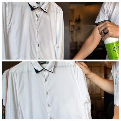Cold Iron applied to curtains showing wrinkle reduction benefit for home