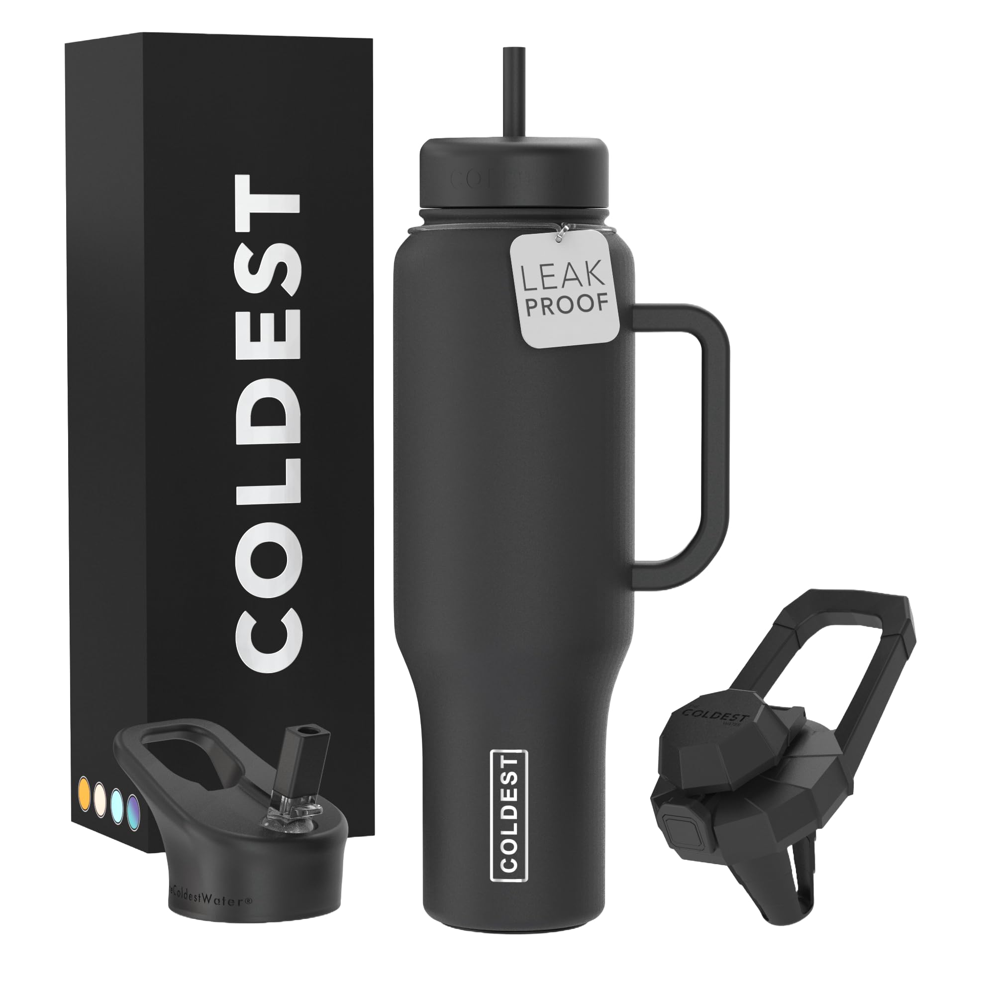 Coldest Tumbler 46 oz vista frontal con tapa y acabado negro, mantiene bebida fría