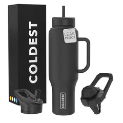 Coldest Tumbler 46 oz vista frontal con tapa y acabado negro, mantiene bebida fría