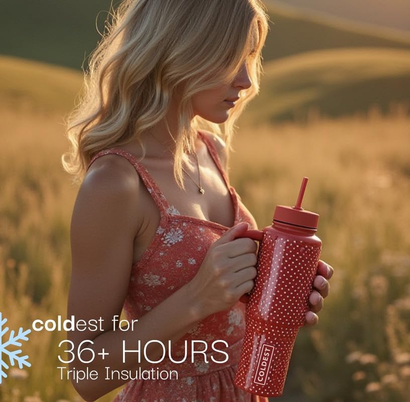 Coldest Tumbler comparación de tamaño 46 oz junto a botella para escala visual