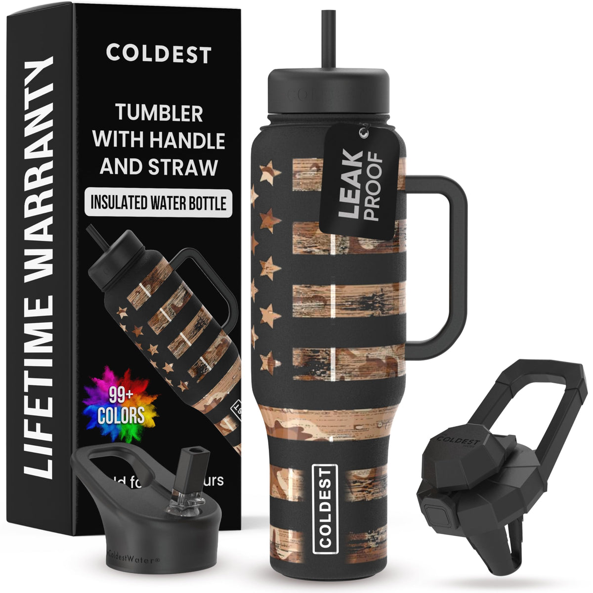 Coldest Tumbler vista frontal Camouflage Flag mostrando capacidad y diseño