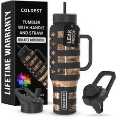Coldest Tumbler vista frontal Camouflage Flag mostrando capacidad y diseño