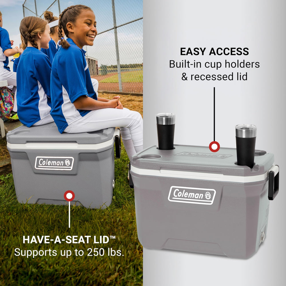 Coleman lid used as seat illustrating 250 lb support benefit