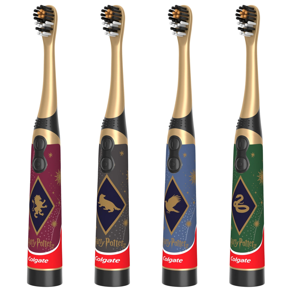 Colgate cepillo Harry Potter frontal pack mostrando los cuatro diseños y beneficio motivador