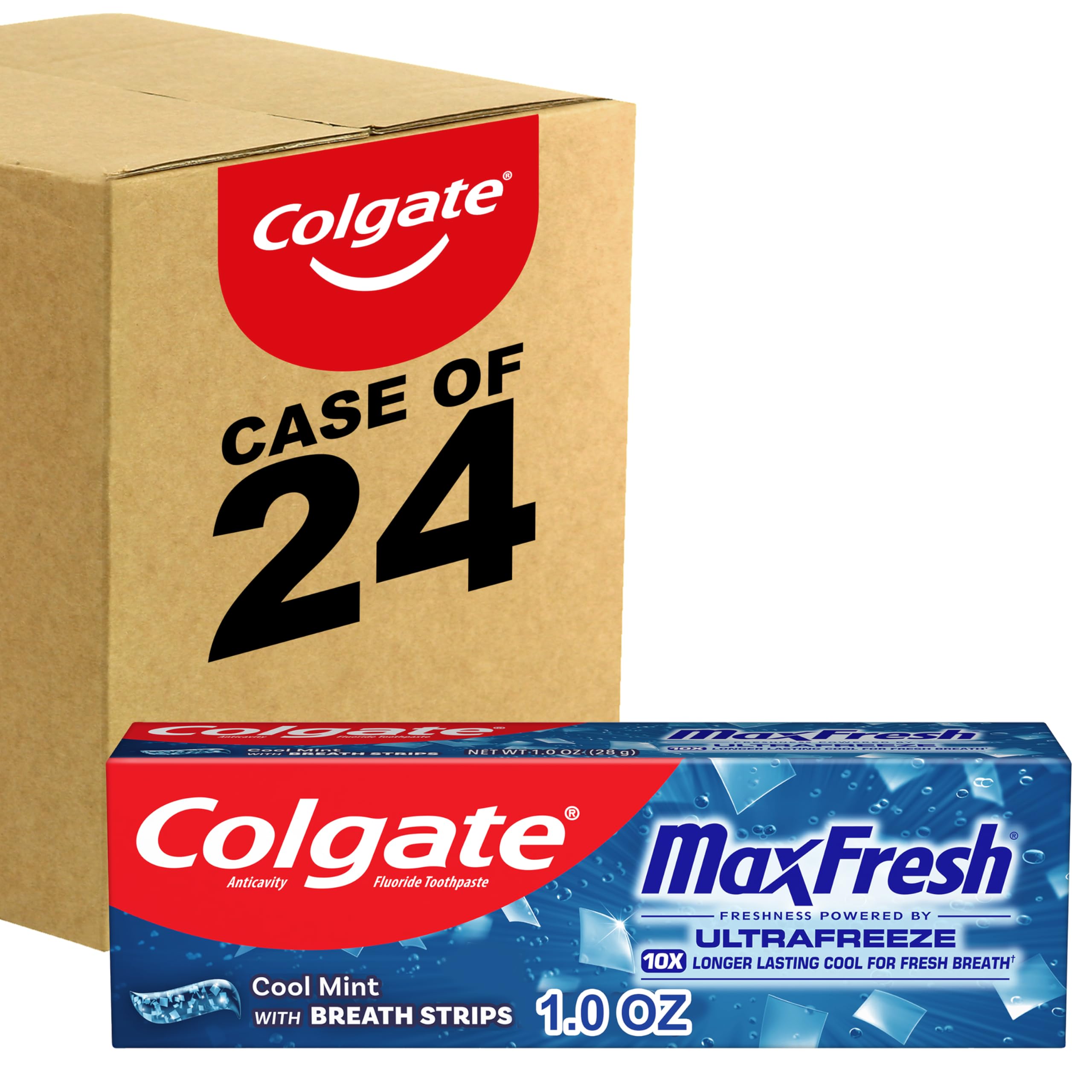 Colgate MaxFresh frente del empaque mostrando tubo y logotipo, práctico para viaje
