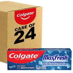 Colgate MaxFresh frente del empaque mostrando tubo y logotipo, práctico para viaje