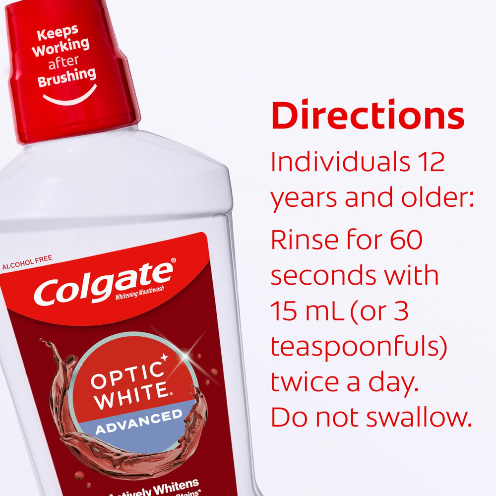 Botella de Colgate Optic White en baño moderno mostrando uso cotidiano y estilo