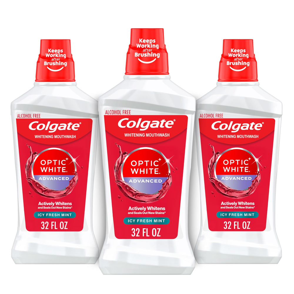Colgate Optic White frontal de botella mostrando el envase y beneficio blanqueador