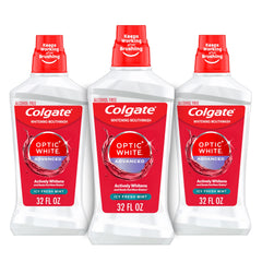 Colgate Optic White frontal de botella mostrando el envase y beneficio blanqueador