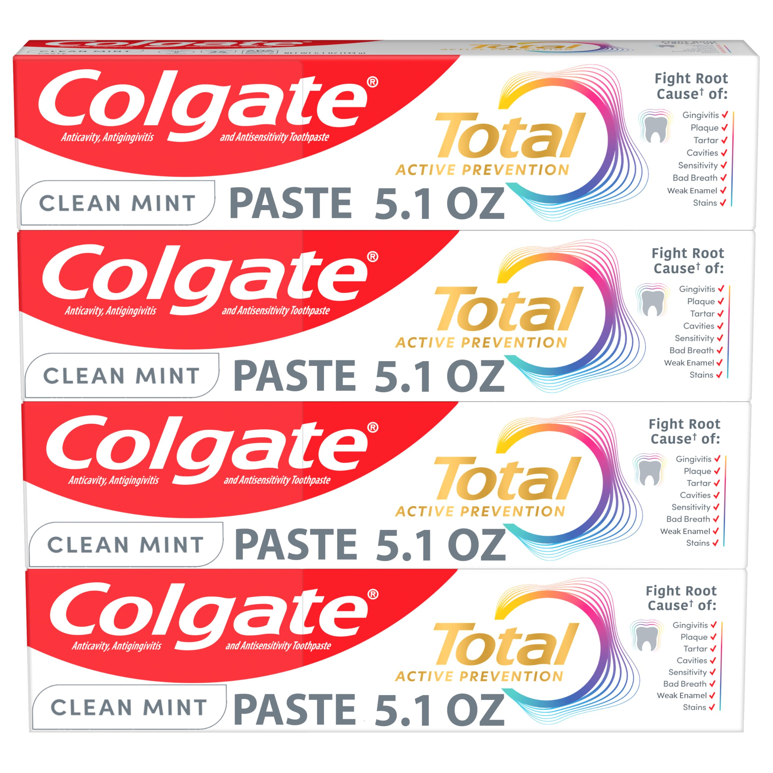 Colgate Total frente del empaque mostrando pack de cuatro y beneficio conveniencia
