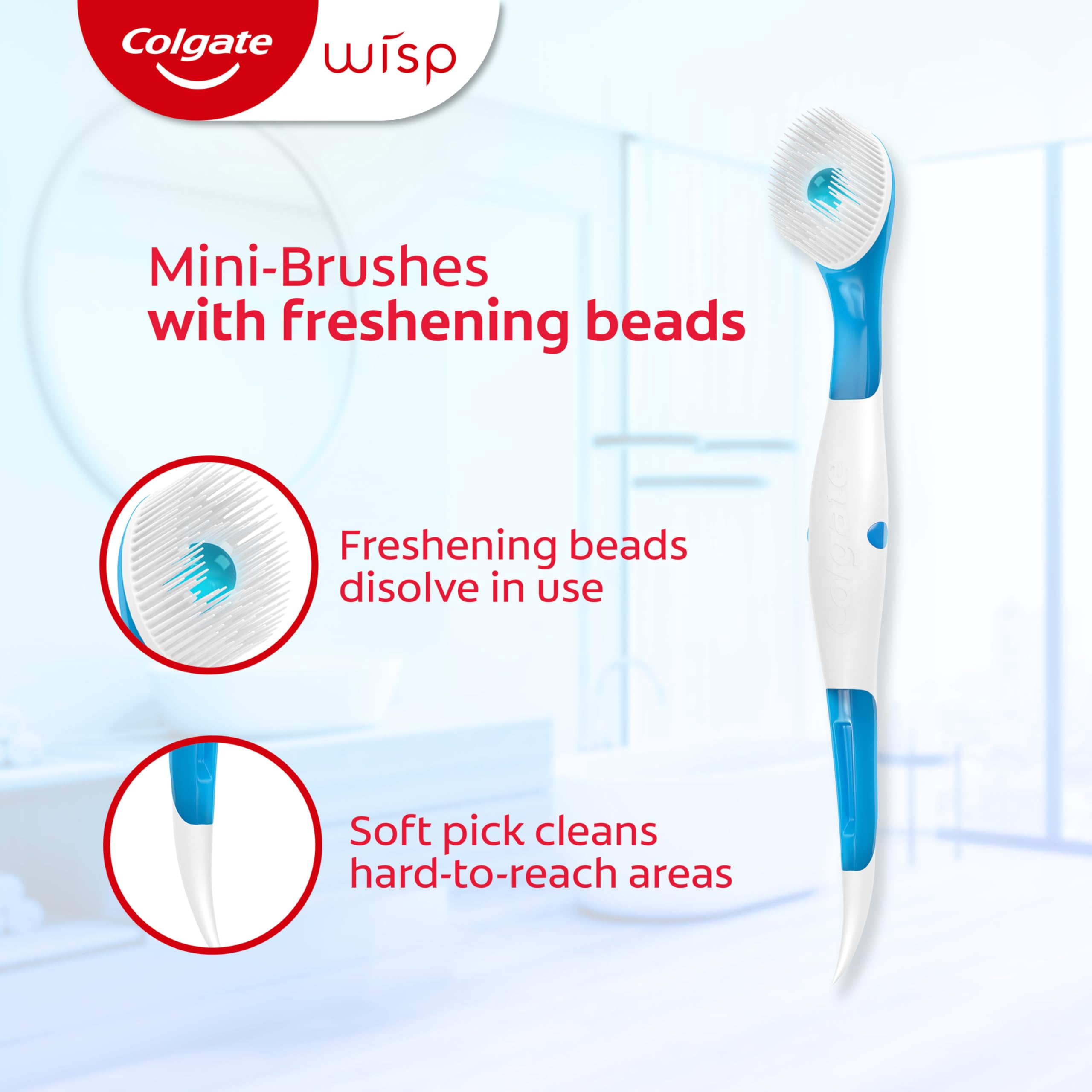 Colgate Wisp peppermint bead dissolving on brush tip showing quick mint release