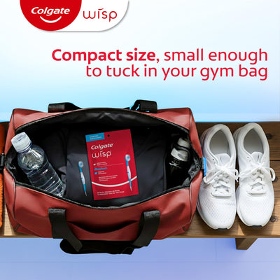 Colgate Wisp next to a wallet demonstrating pocket-sized scale and grab-and-go benefit