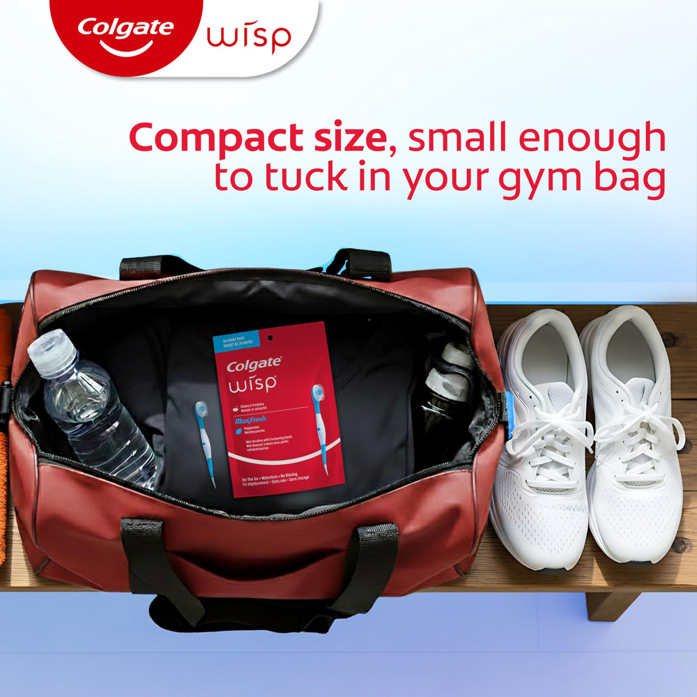 Colgate Wisp next to a wallet demonstrating pocket-sized scale and grab-and-go benefit