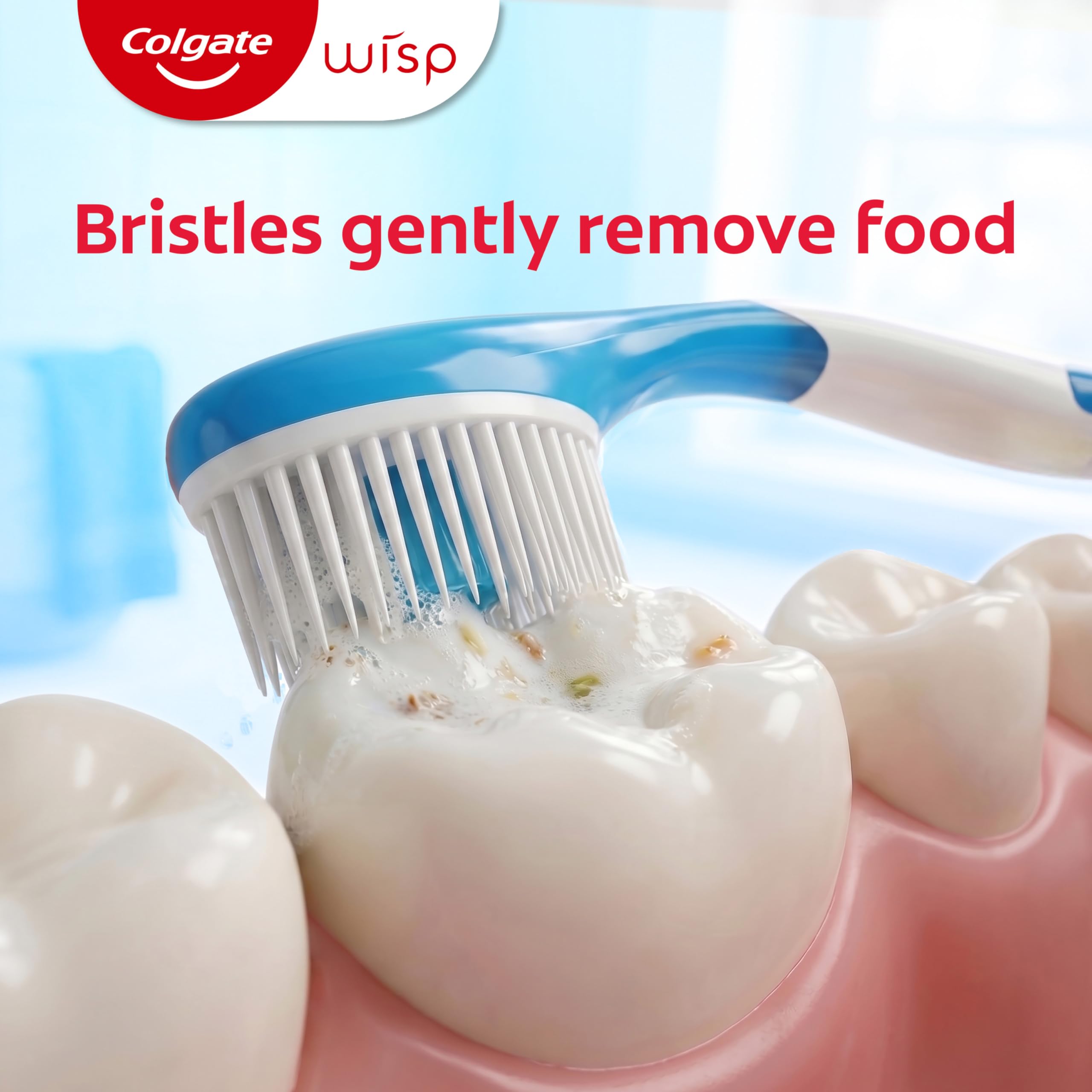 macro view of Colgate Wisp soft bristles lifting surface debris for gentle cleaning