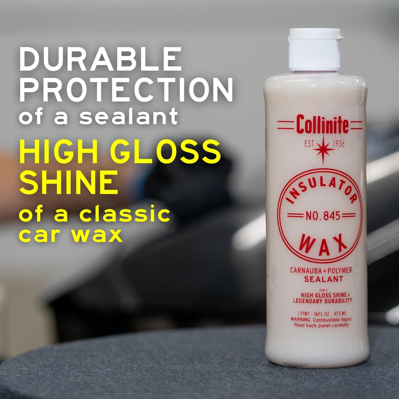 Sixteen ounce Collinite 845 bottle beside hand showing compact, easy-storage size