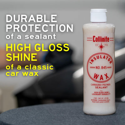 Sixteen ounce Collinite 845 bottle beside hand showing compact, easy-storage size