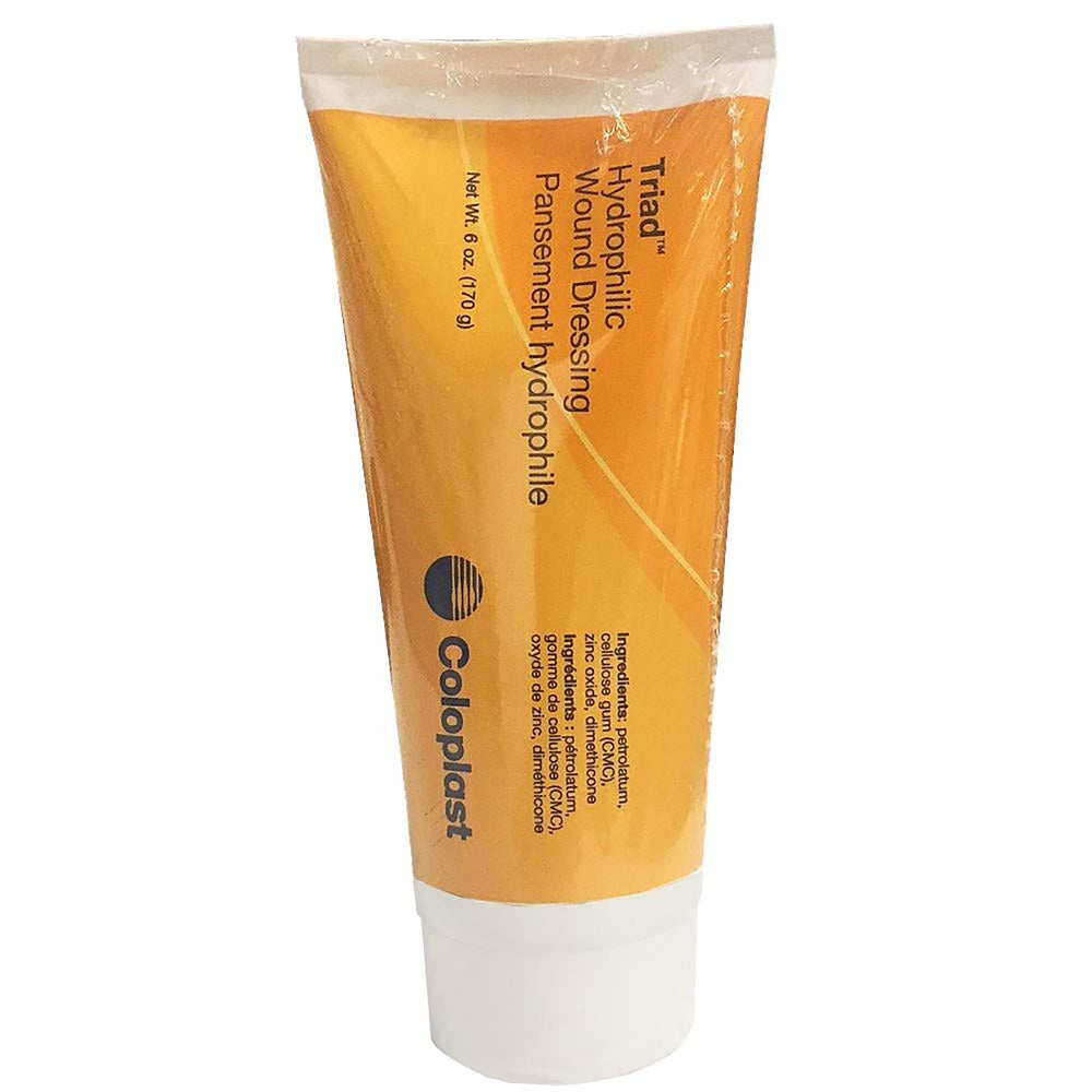 Coloplast Triad tubería frontal mostrando etiqueta y volumen, aplicación práctica
