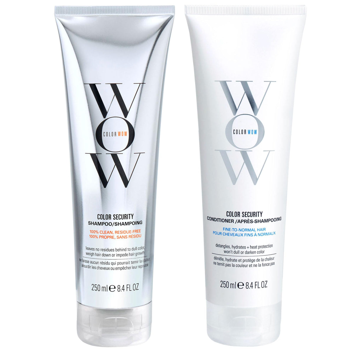 COLOR WOW botella frontal del dúo mostrando diseño y beneficio limpieza total