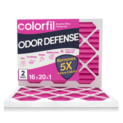 Colorfil filtro frontal en paquete de dos mostrando marca y tamaño, mejora aire interior