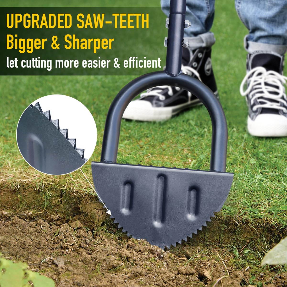 Colwelt close-up of saw-tooth blade cutting turf for cleaner, easier edging