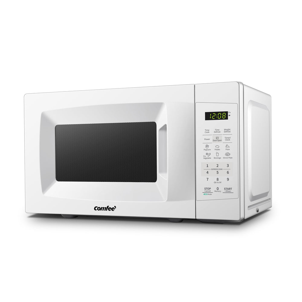 COMFEE' countertop microwave front view showing compact pearl white design and easy placement