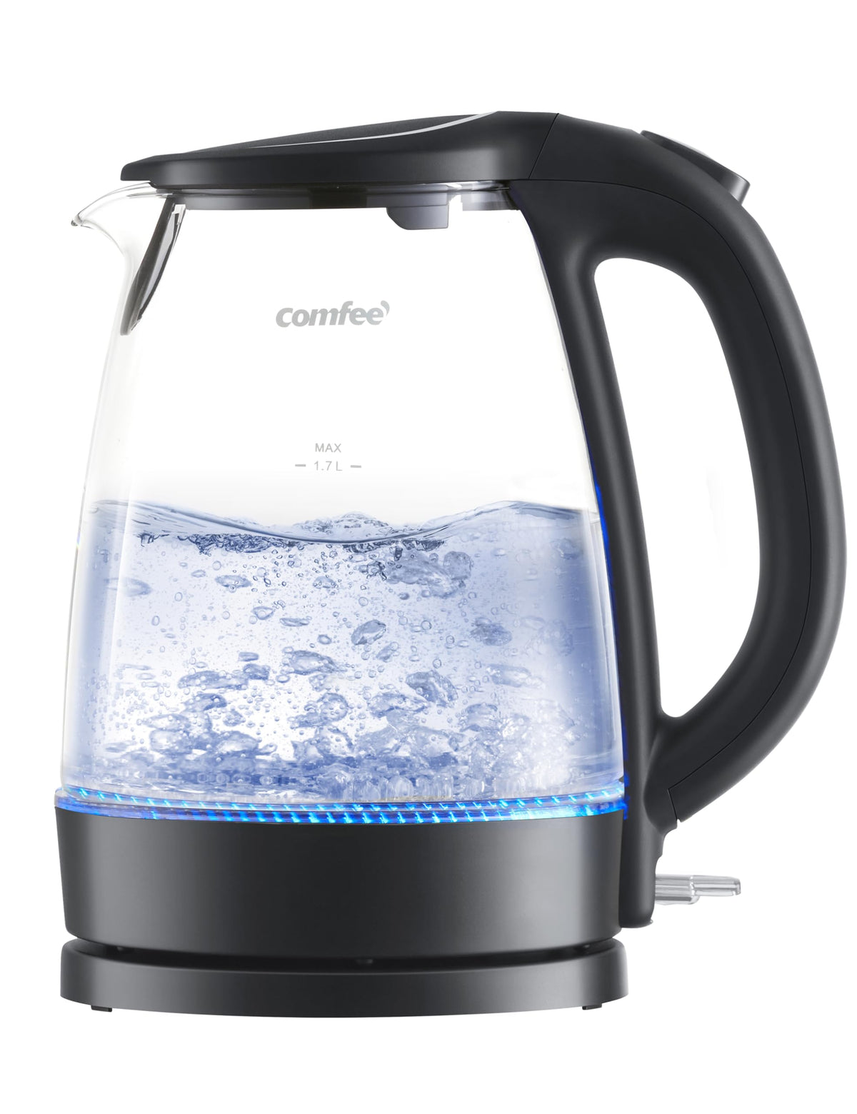 COMFEE' hervidor frontal mostrando vidrio y LED azul para control visual