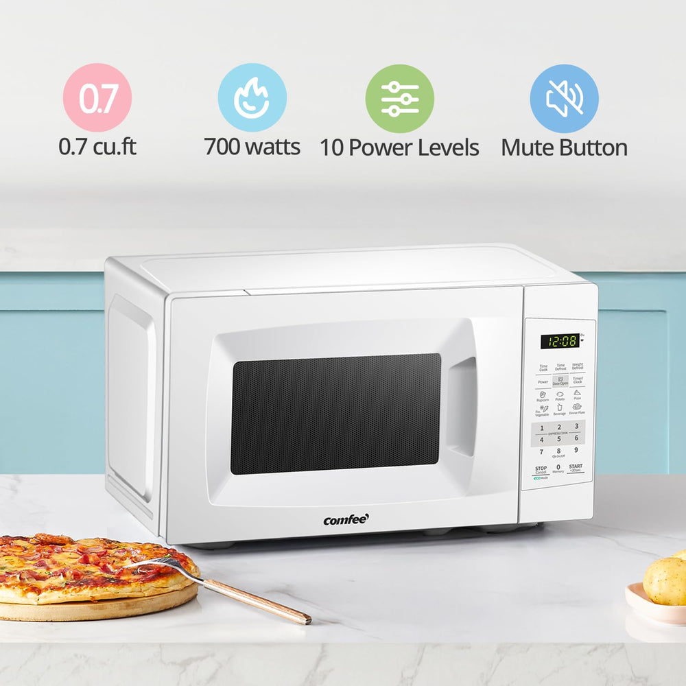 COMFEE' microwave control panel close-up highlighting one-touch cooking and mute benefit