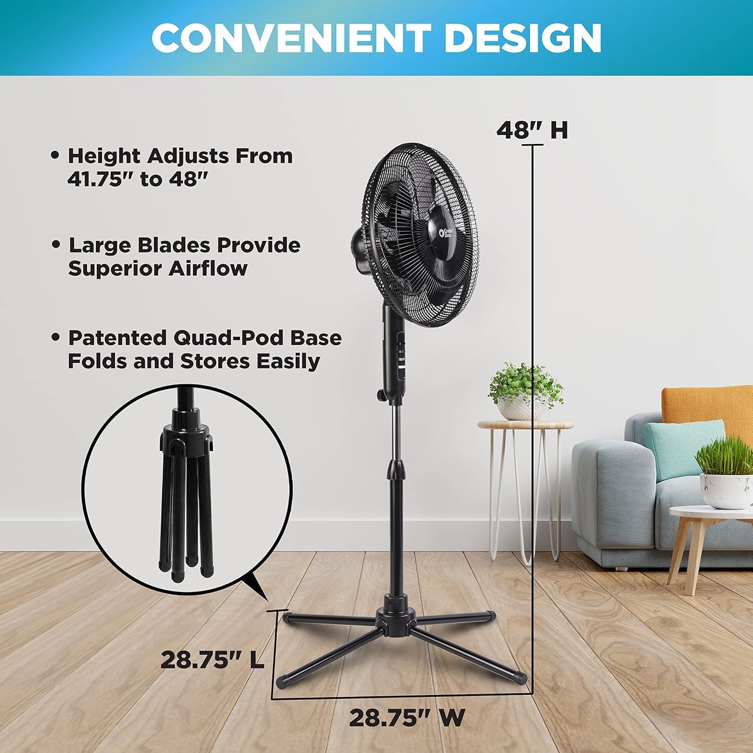 Comfort Zone ventilador en uso en sala para mejor circulación y confort
