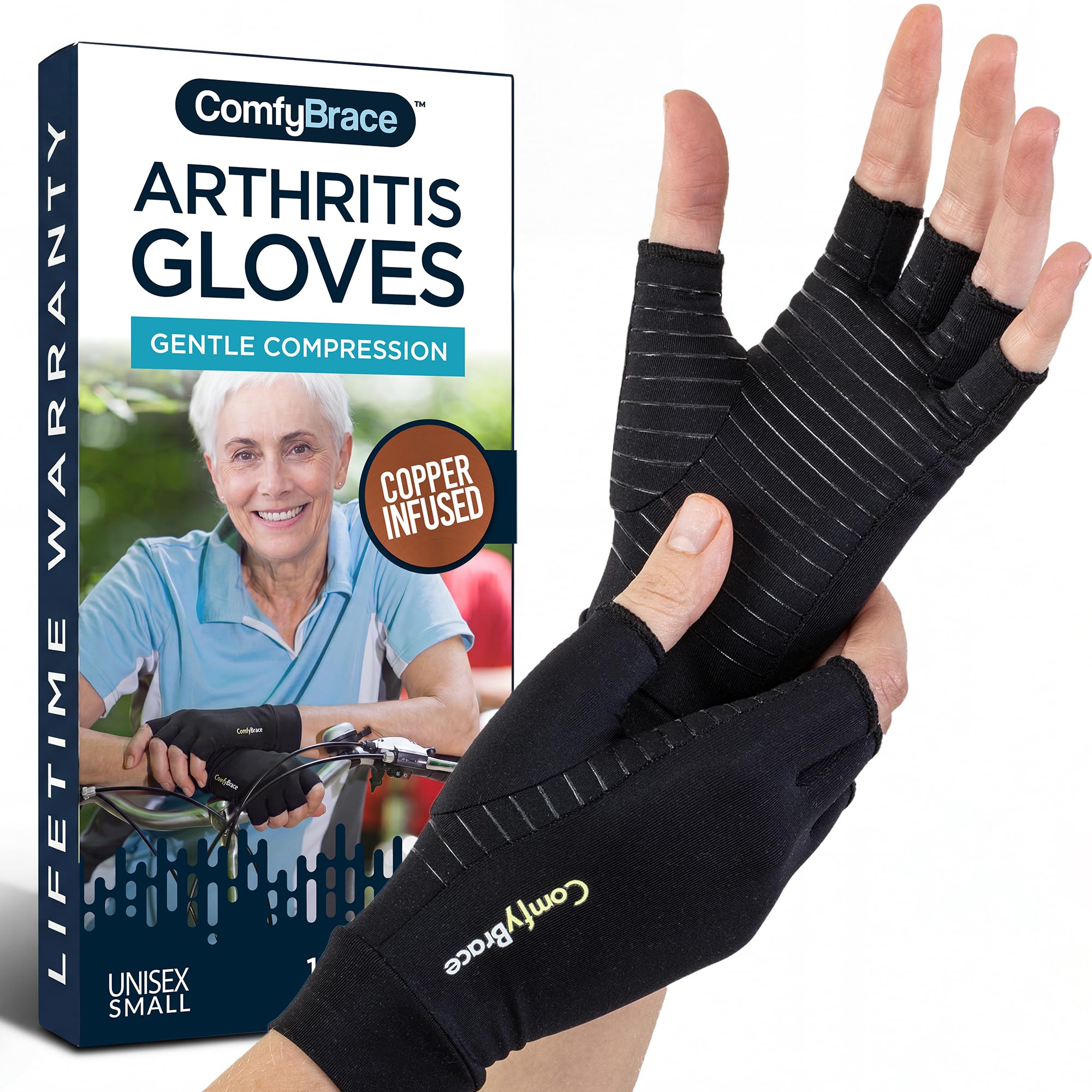 ComfyBrace front view of gloves showing compact supportive design and ease of wear