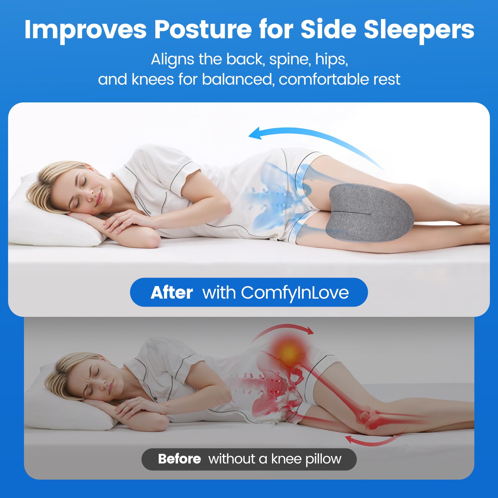 ComfyInLove almohada entre las rodillas de una persona durmiendo de lado para mejor alineación