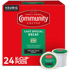 Community Coffee paquete frontal mostrando 24 cápsulas y diseño claro