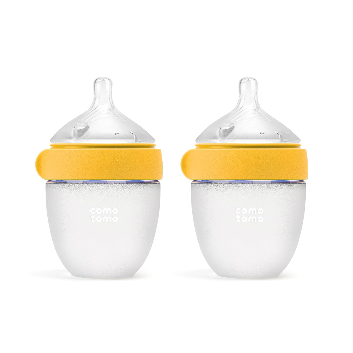 Comotomo botella frontal amarilla mostrando diseño y doble pack beneficios