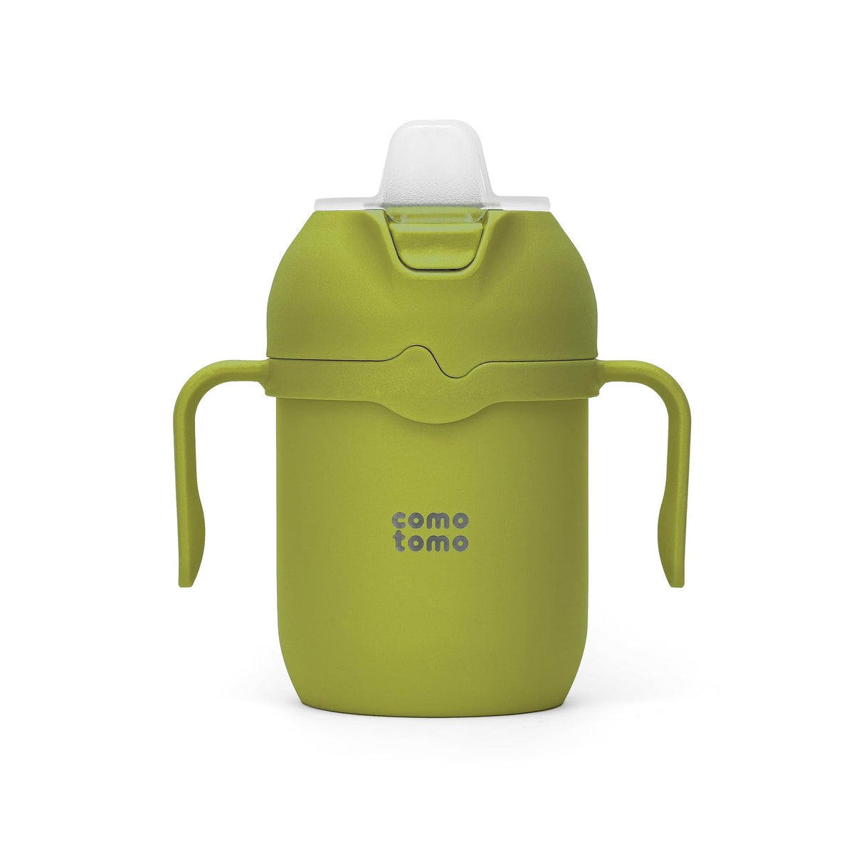 Comotomo vaso frontal verde mostrando diseño y agarre ergonómico