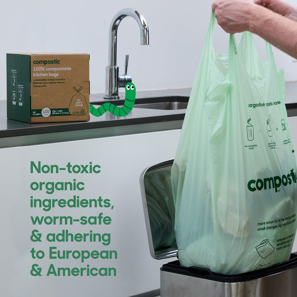 Compostic bag placed in a 13-gallon tall kitchen bin for perfect fit