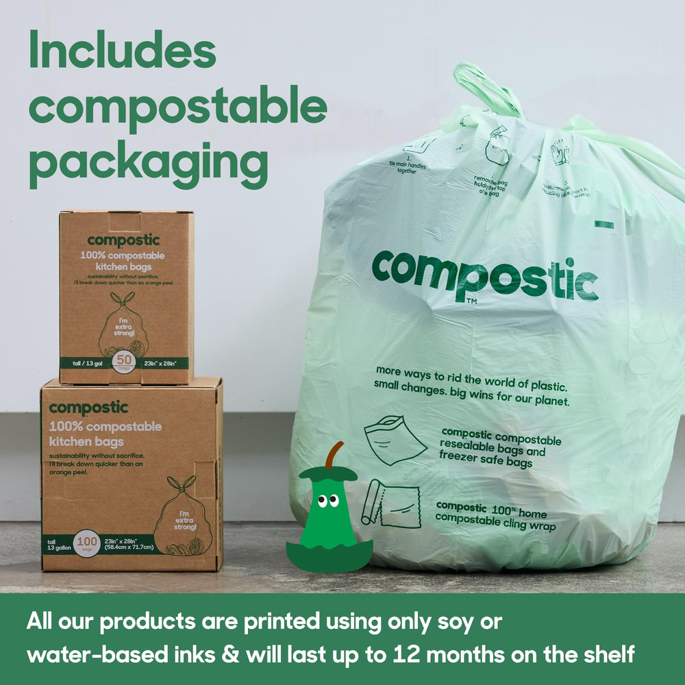 Compostic box with eco packaging and soy-based ink emphasizing low-waste packaging